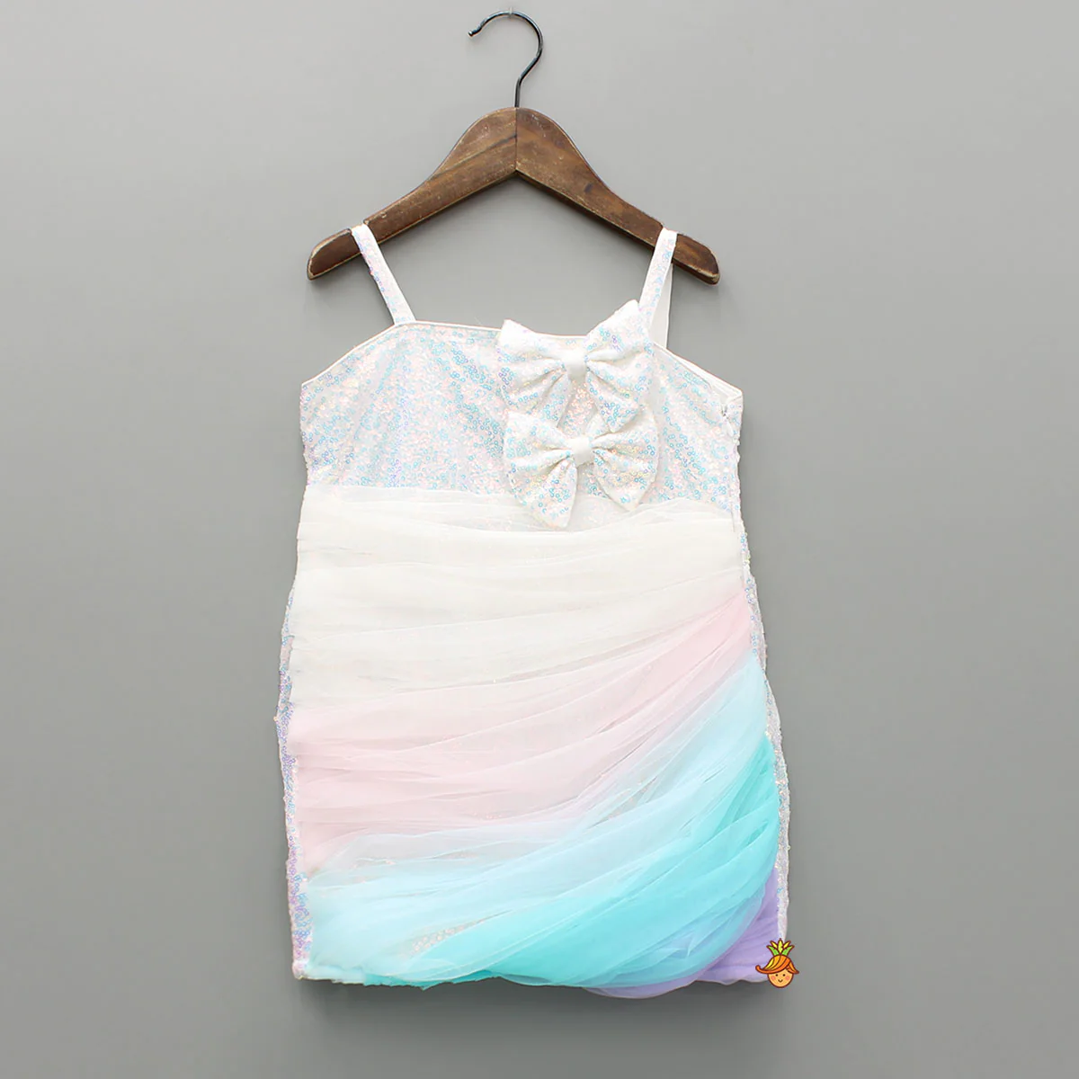White Sequin Embellished Strappy Dress With Detachable Multicolour Trail - Image 3