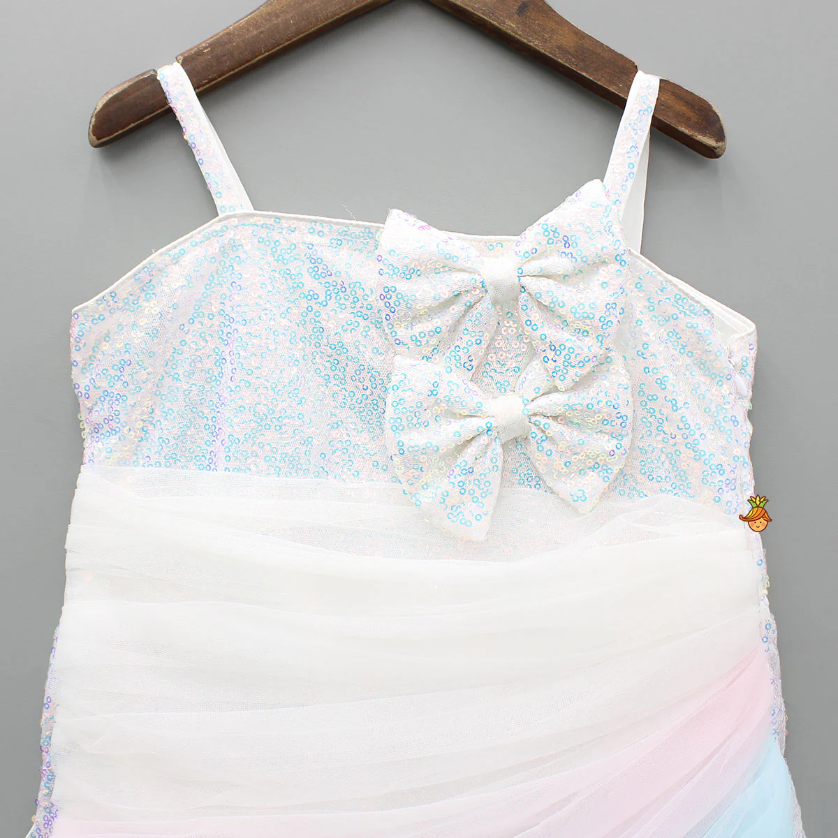 White Sequin Embellished Strappy Dress With Detachable Multicolour Trail - Image 5
