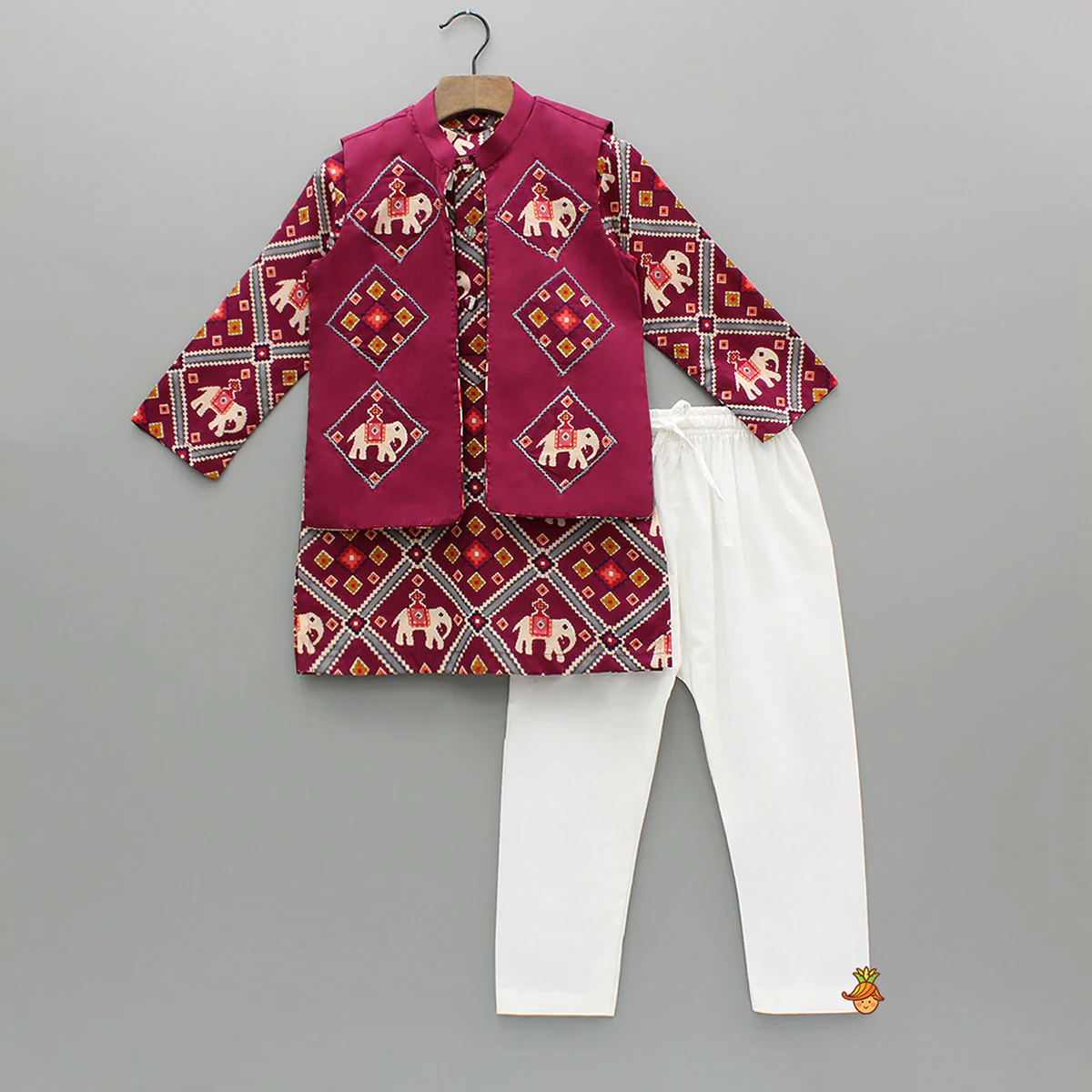 Wine Patola Printed Kurta With Front Open Jacket And Pyjama