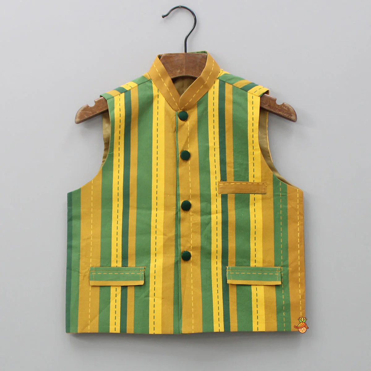 Yellow Checks Printed Kurta With Striped Jacket And Churidar - Image 6