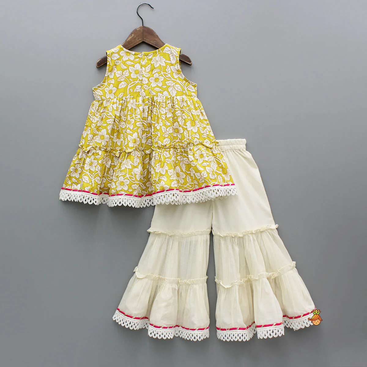 Yellow Floral Printed Top And Tiered Sharara - Image 2