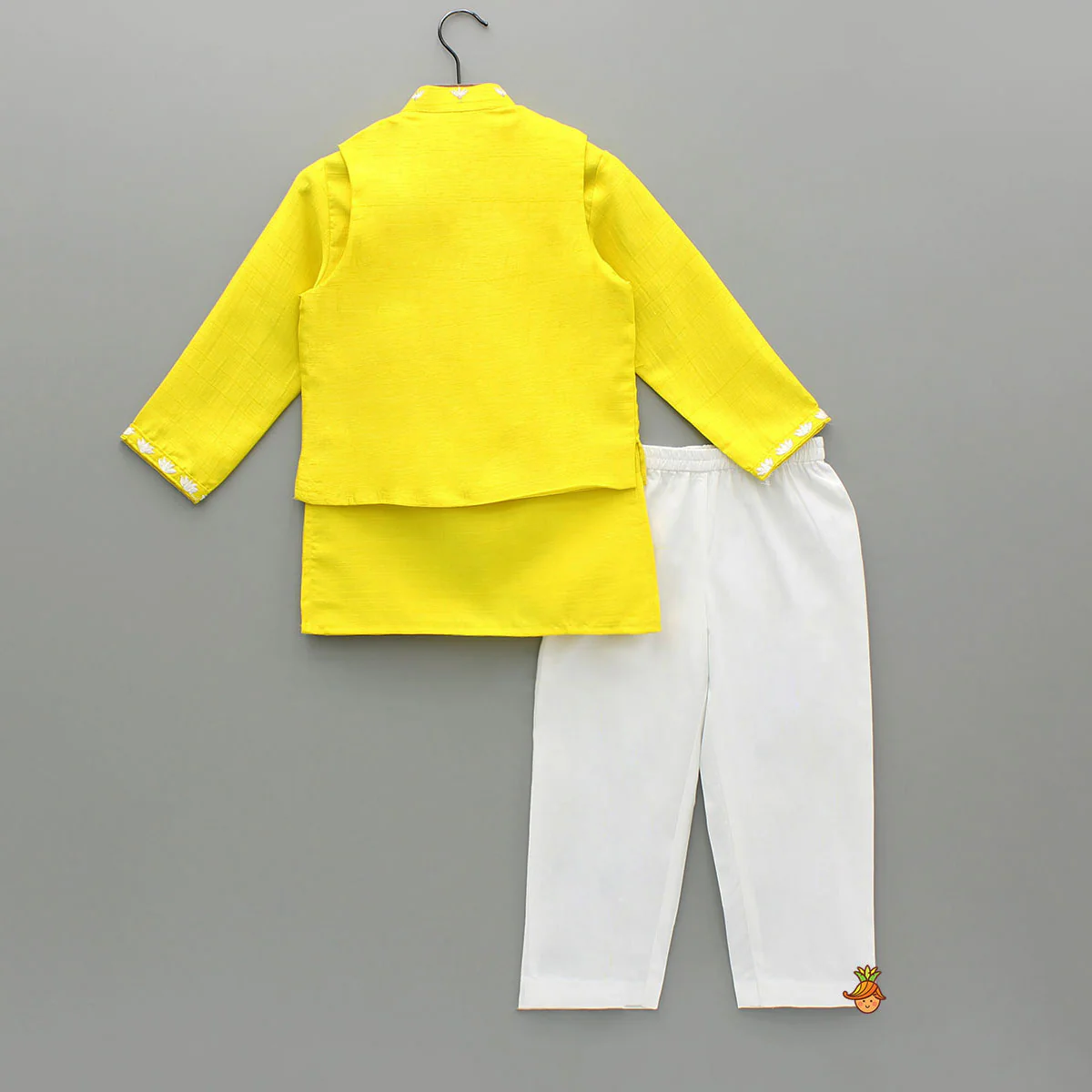 Yellow Ganpati Embroidered Jacket With Matching Kurta And Pyjama - Image 2