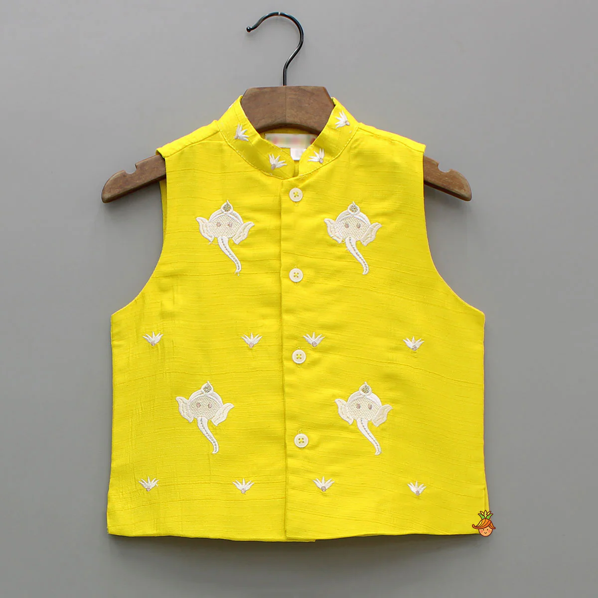 Yellow Ganpati Embroidered Jacket With Matching Kurta And Pyjama - Image 6