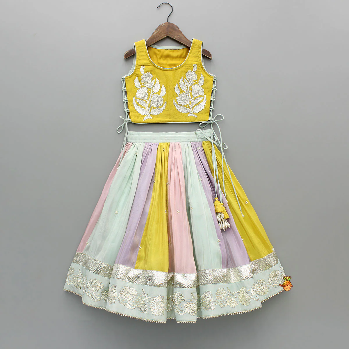 Yellow Gota Lace Embroidered Top And Colour Blocked Multicolour Lehenga