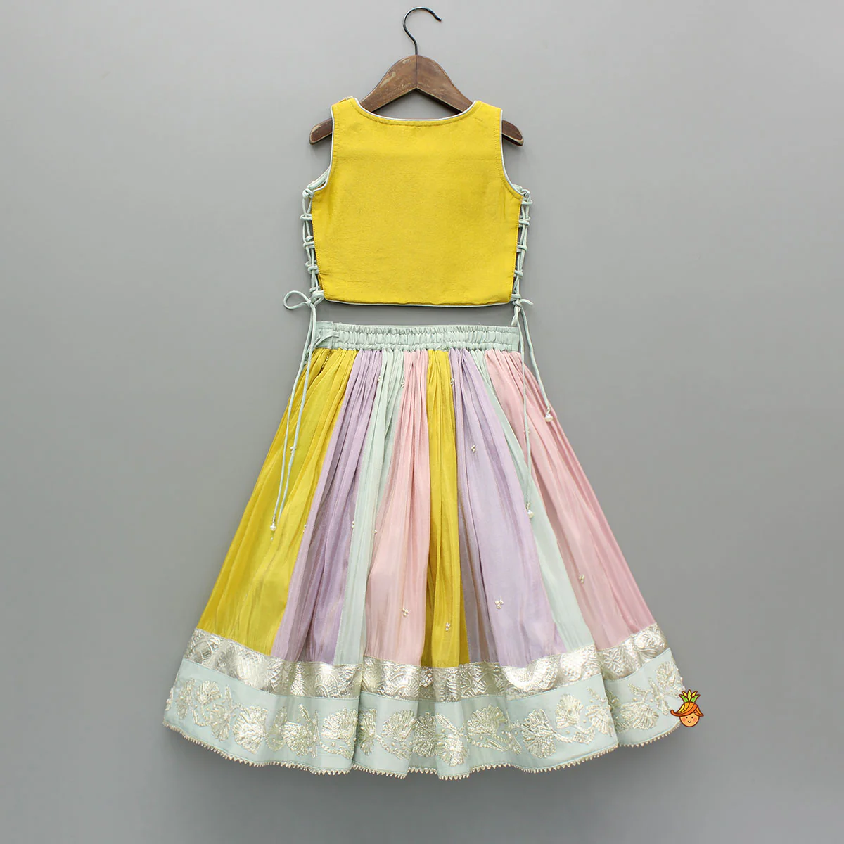 Yellow Gota Lace Embroidered Top And Colour Blocked Multicolour Lehenga - Image 2