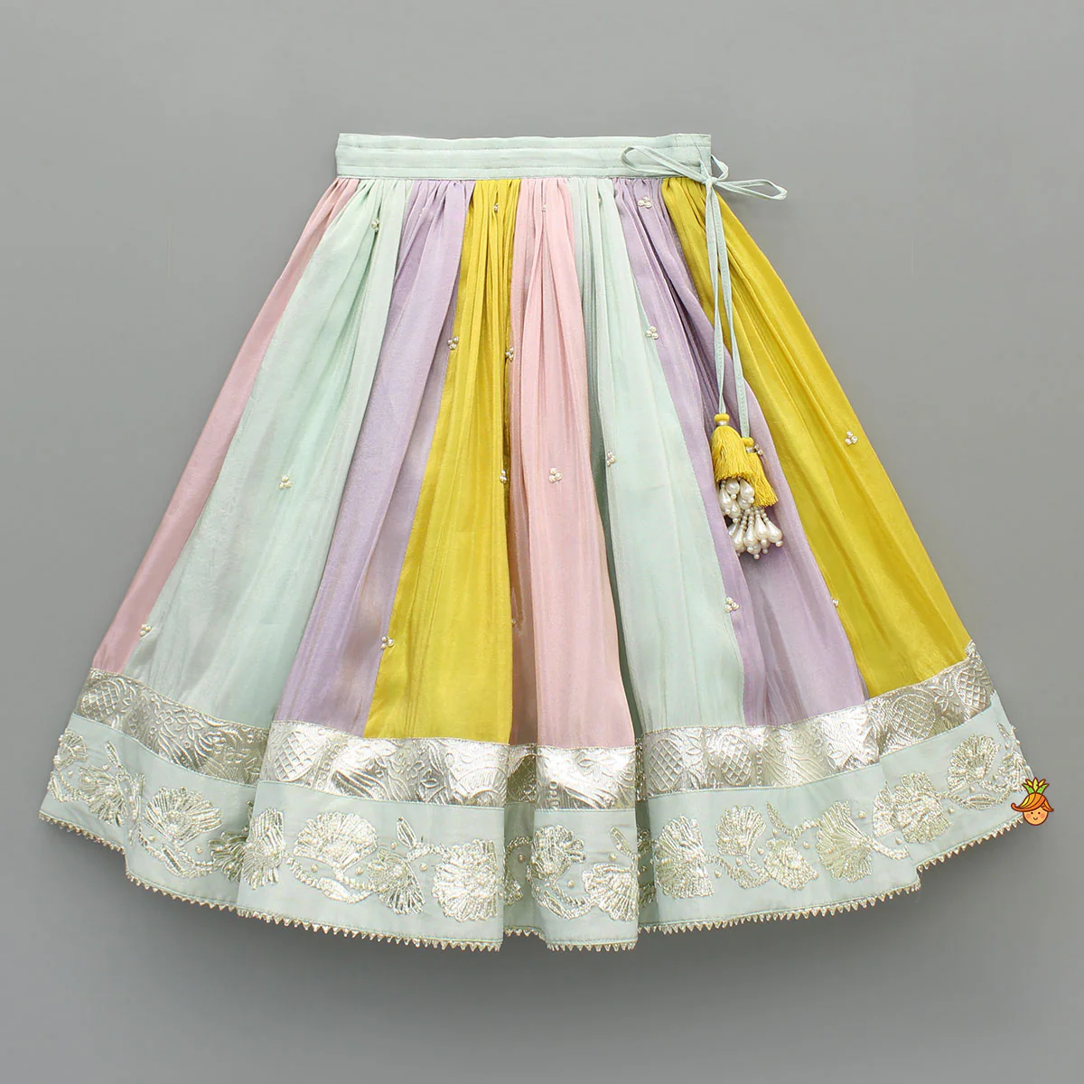Yellow Gota Lace Embroidered Top And Colour Blocked Multicolour Lehenga - Image 4