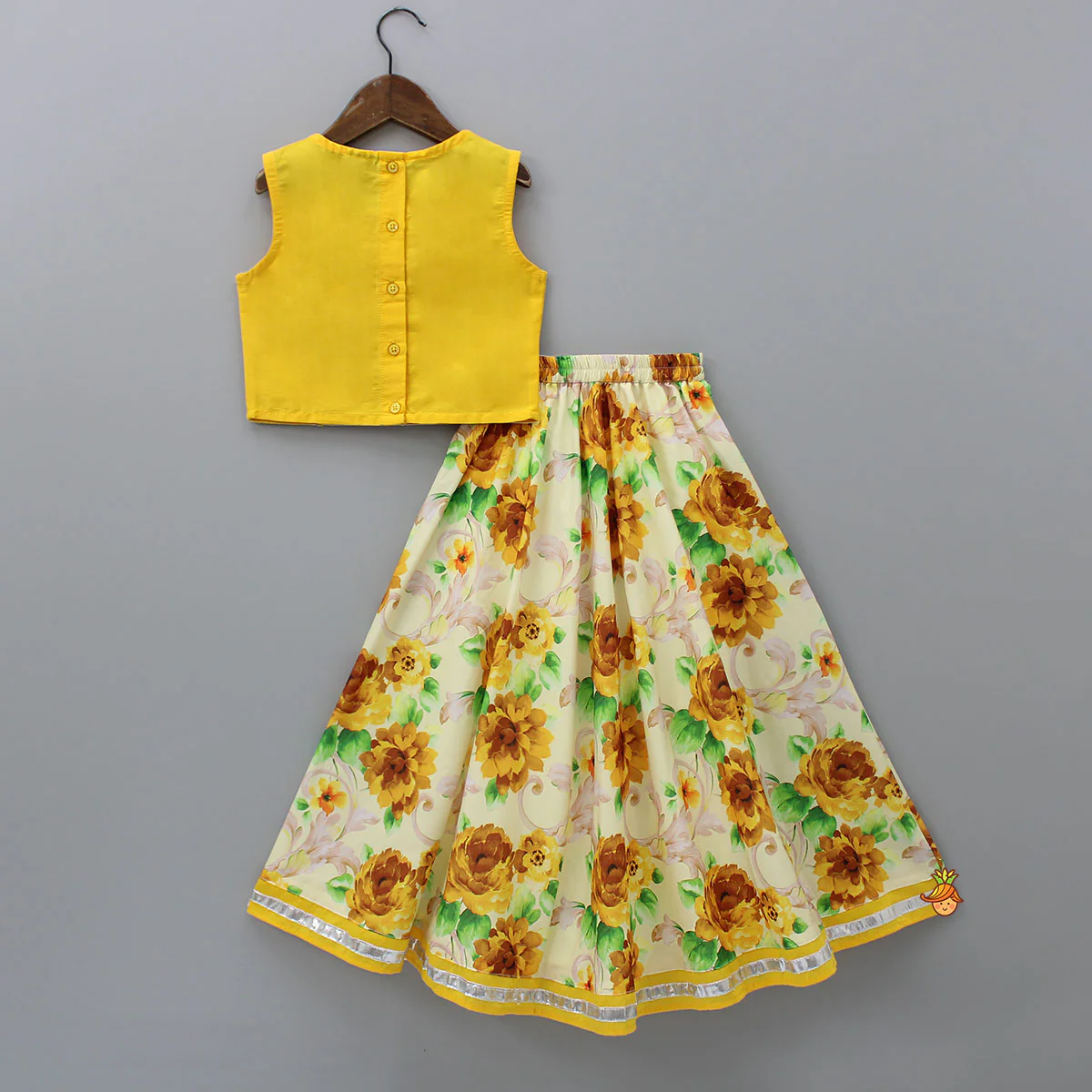 Yellow Gota Lace Embroidered Top With Floral Printed Lehenga And Net Dupatta - Image 2