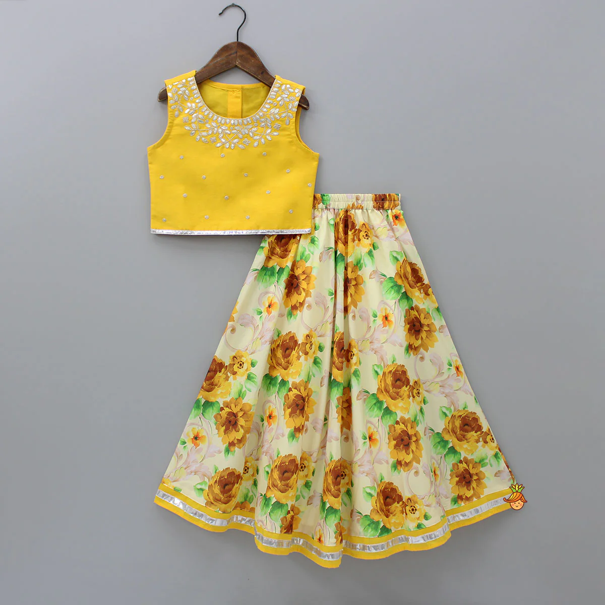 Yellow Gota Lace Embroidered Top With Floral Printed Lehenga And Net Dupatta - Image 3