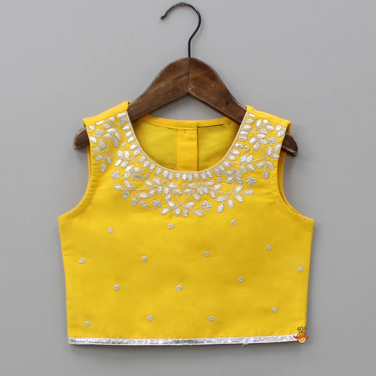 Yellow Gota Lace Embroidered Top With Floral Printed Lehenga And Net Dupatta - Image 4