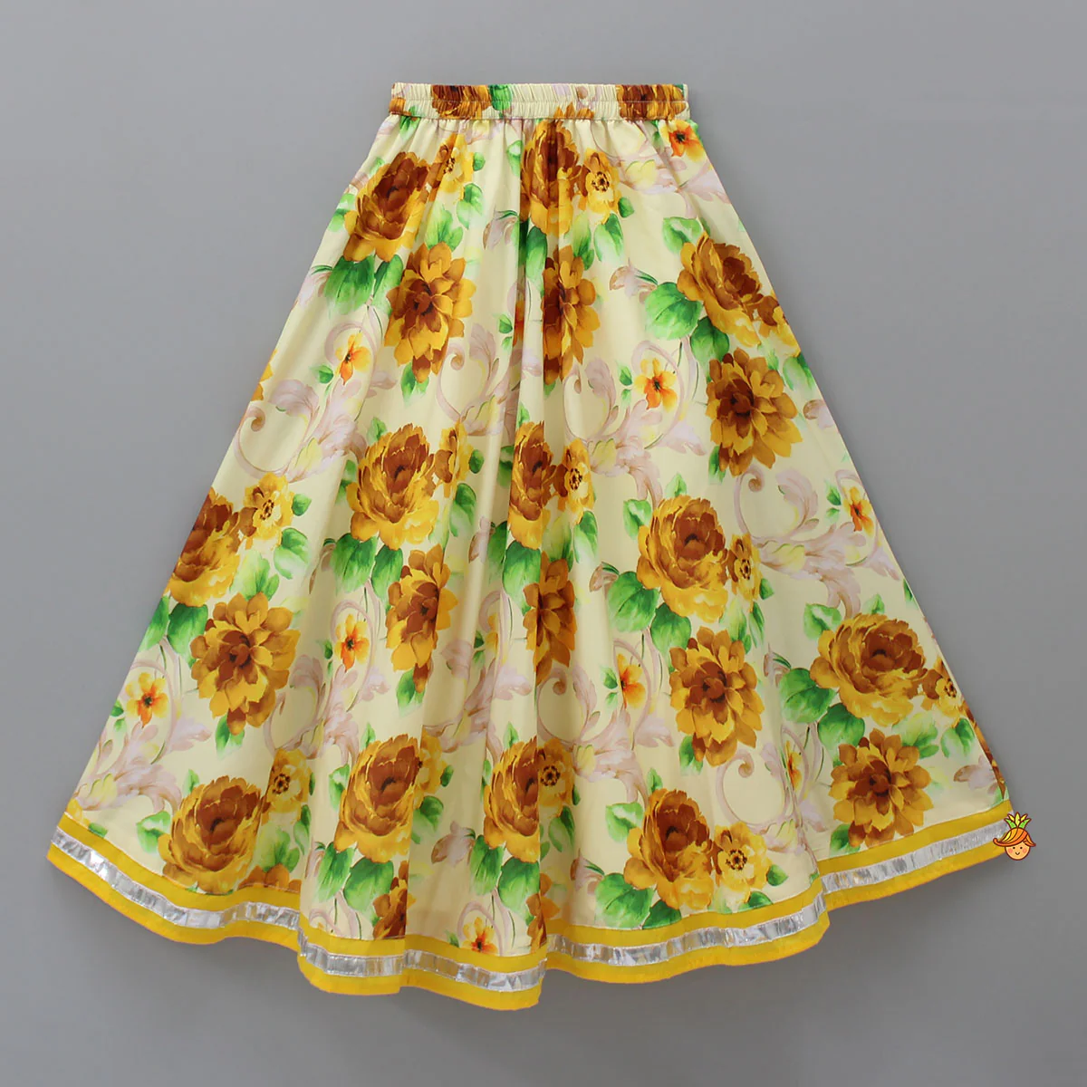 Yellow Gota Lace Embroidered Top With Floral Printed Lehenga And Net Dupatta - Image 5