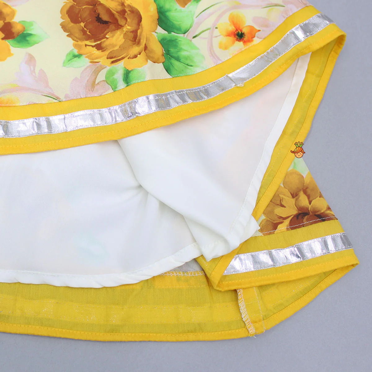 Yellow Gota Lace Embroidered Top With Floral Printed Lehenga And Net Dupatta - Image 7