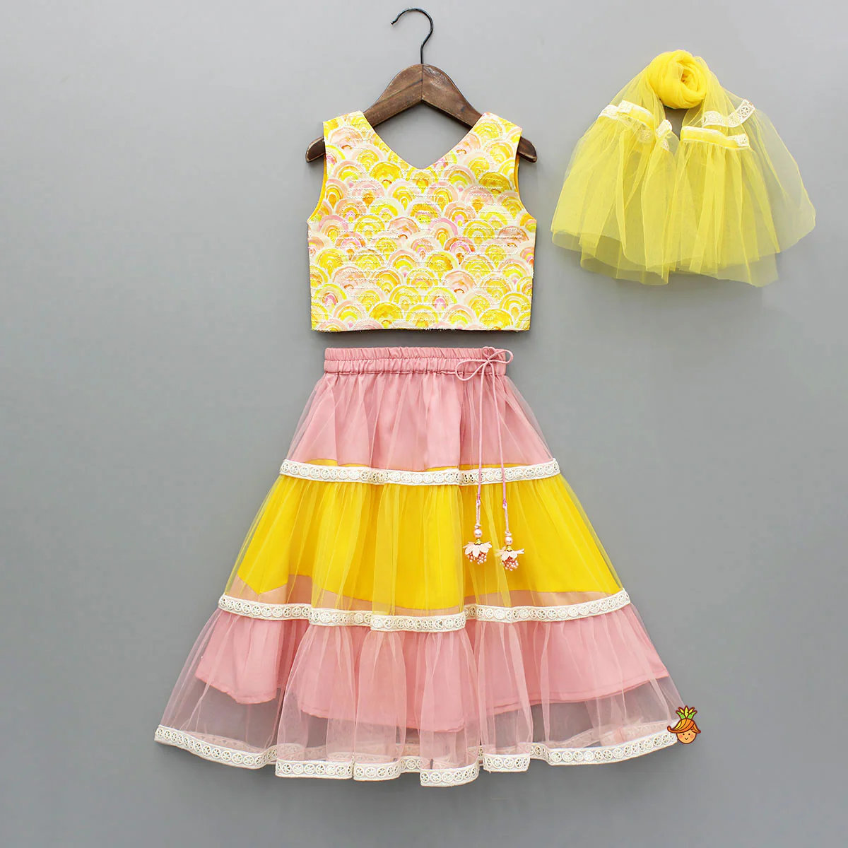 Yellow Printed Embroidered Top And Dual Tone Lehenga With Dupatta