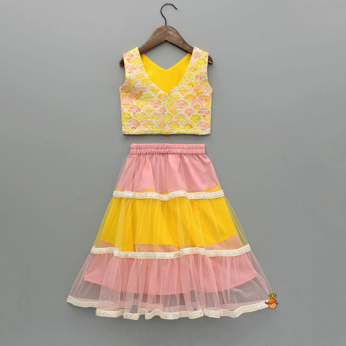 Yellow Printed Embroidered Top And Dual Tone Lehenga With Dupatta - Image 2