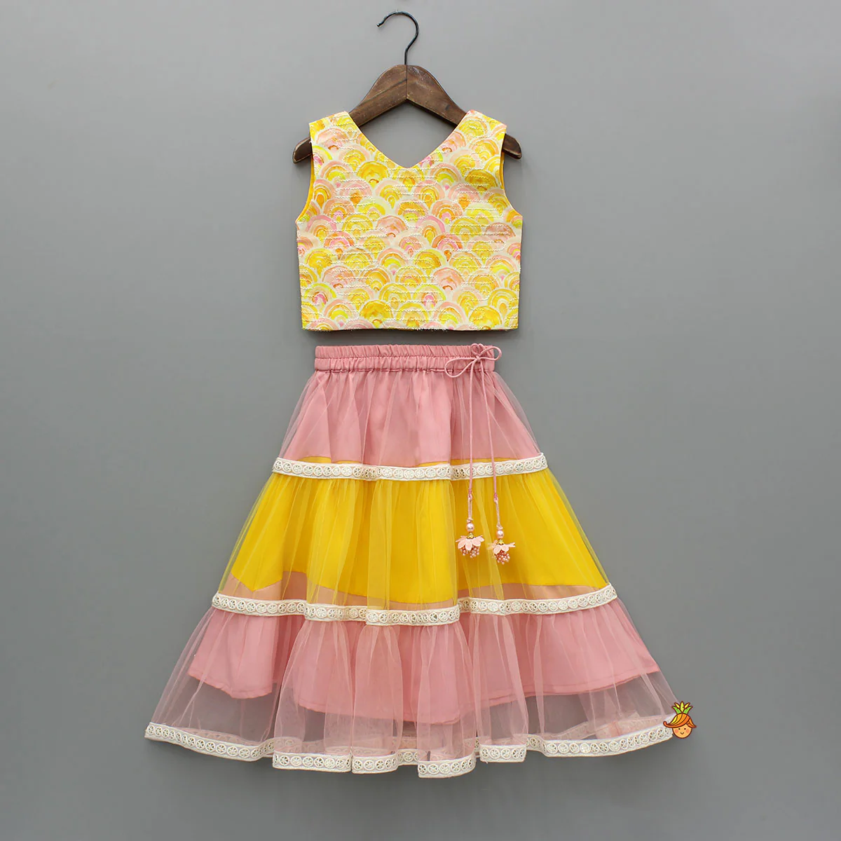 Yellow Printed Embroidered Top And Dual Tone Lehenga With Dupatta - Image 3
