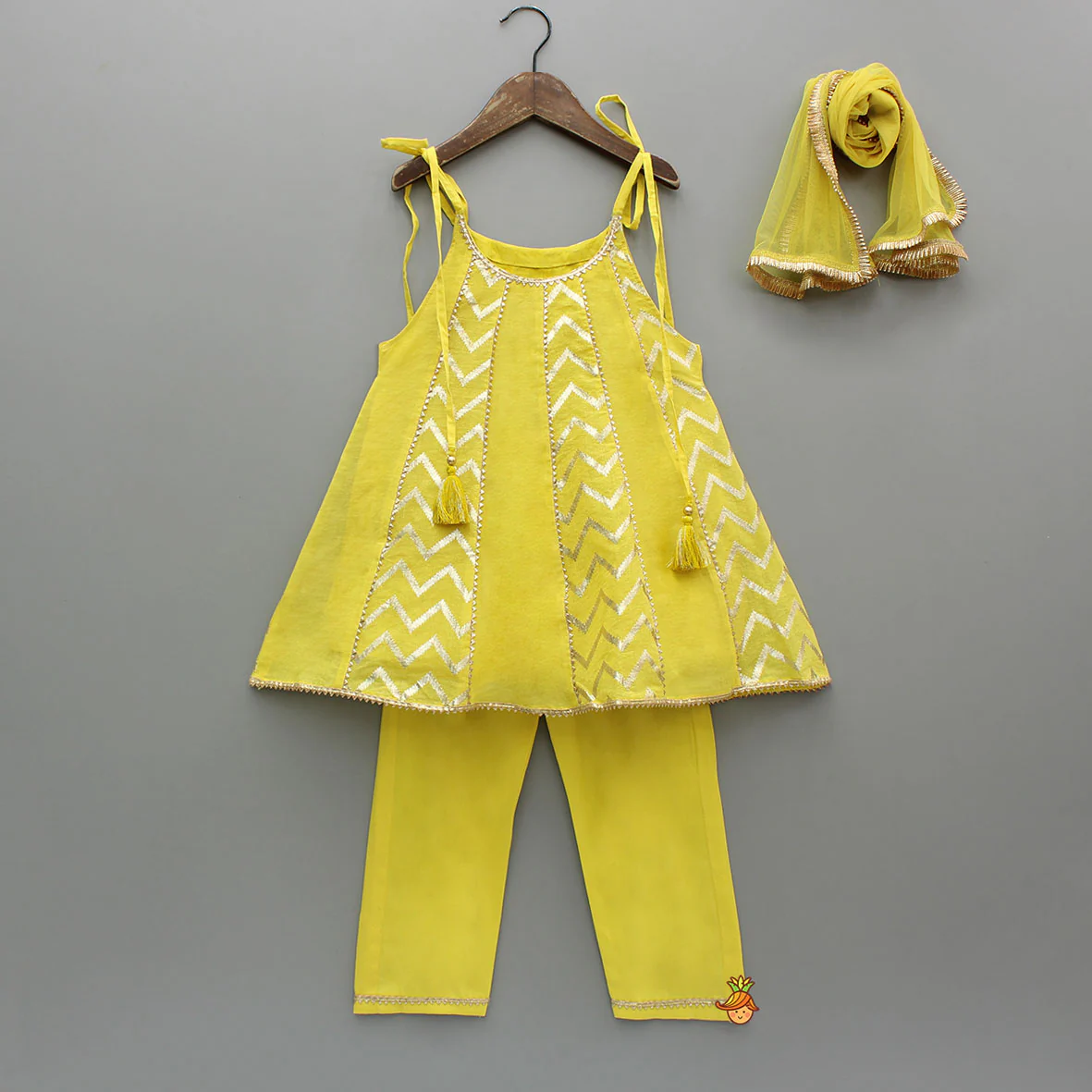 Yellow Strappy Kurti With Matching Pant And Dupatta