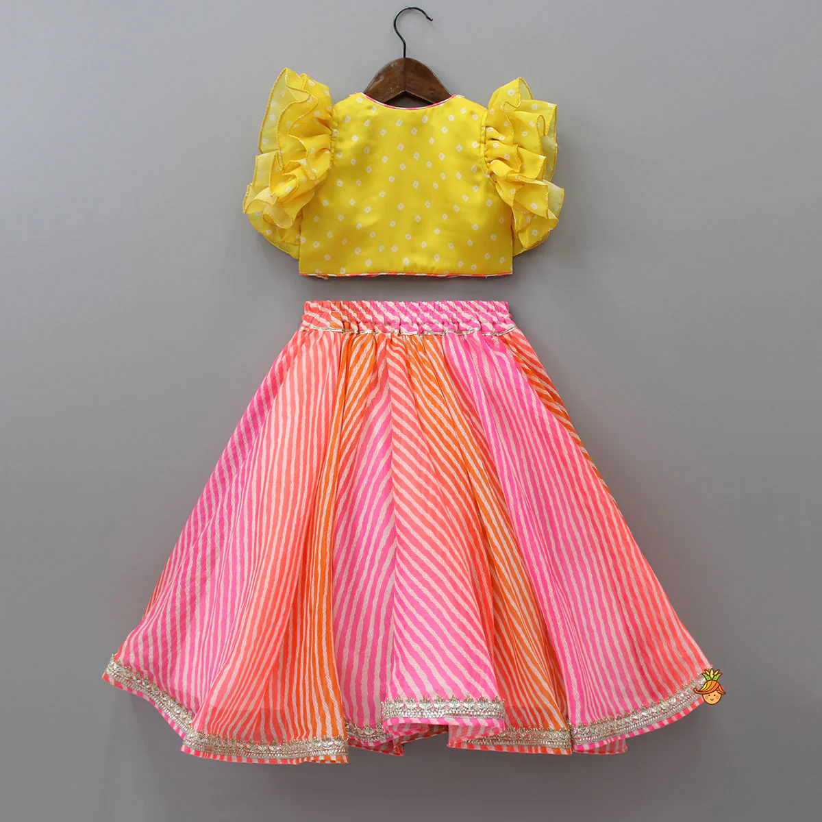 Yellow Top And Leheriya Printed Flared Lehenga With Matching Dupatta - Image 2