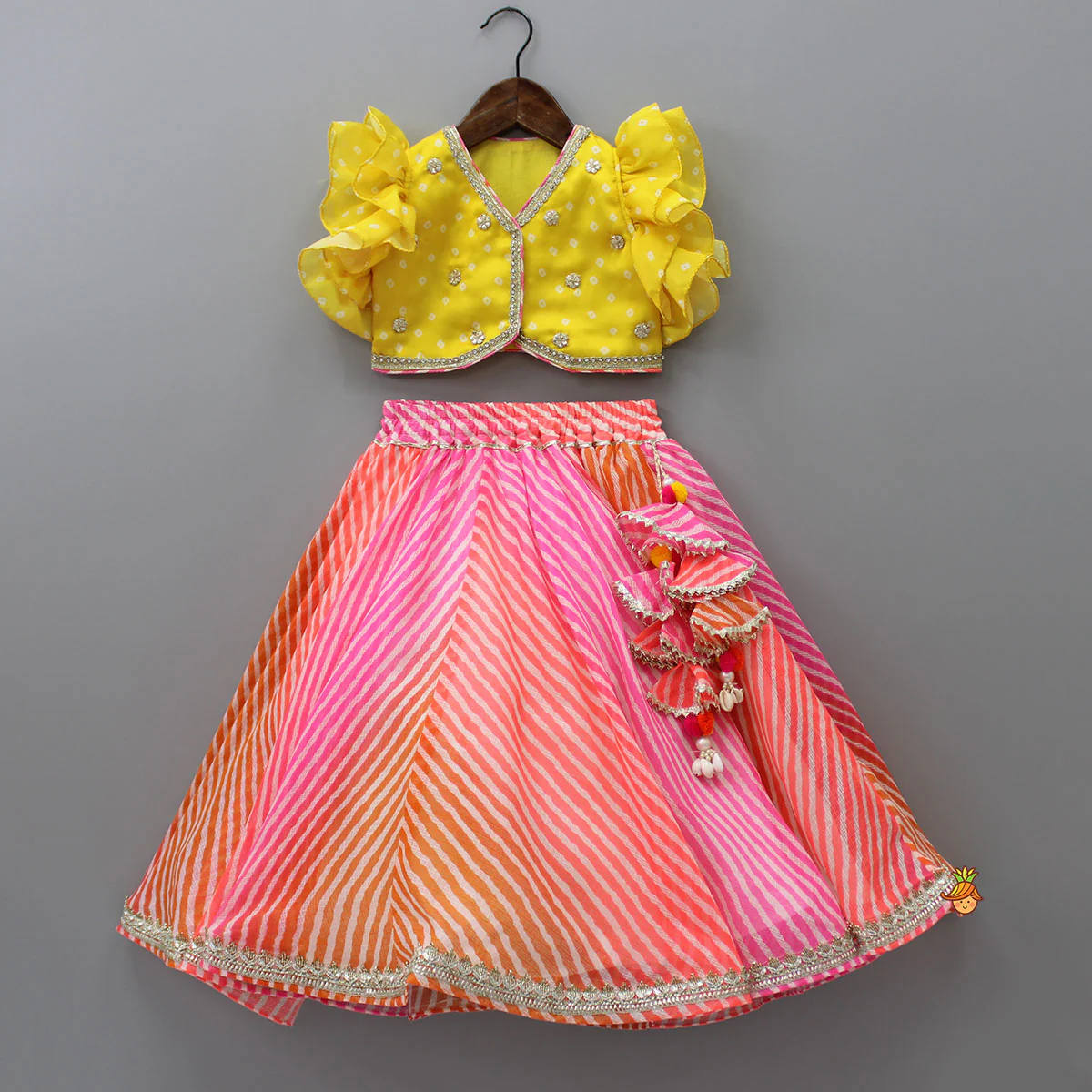 Yellow Top And Leheriya Printed Flared Lehenga With Matching Dupatta - Image 3
