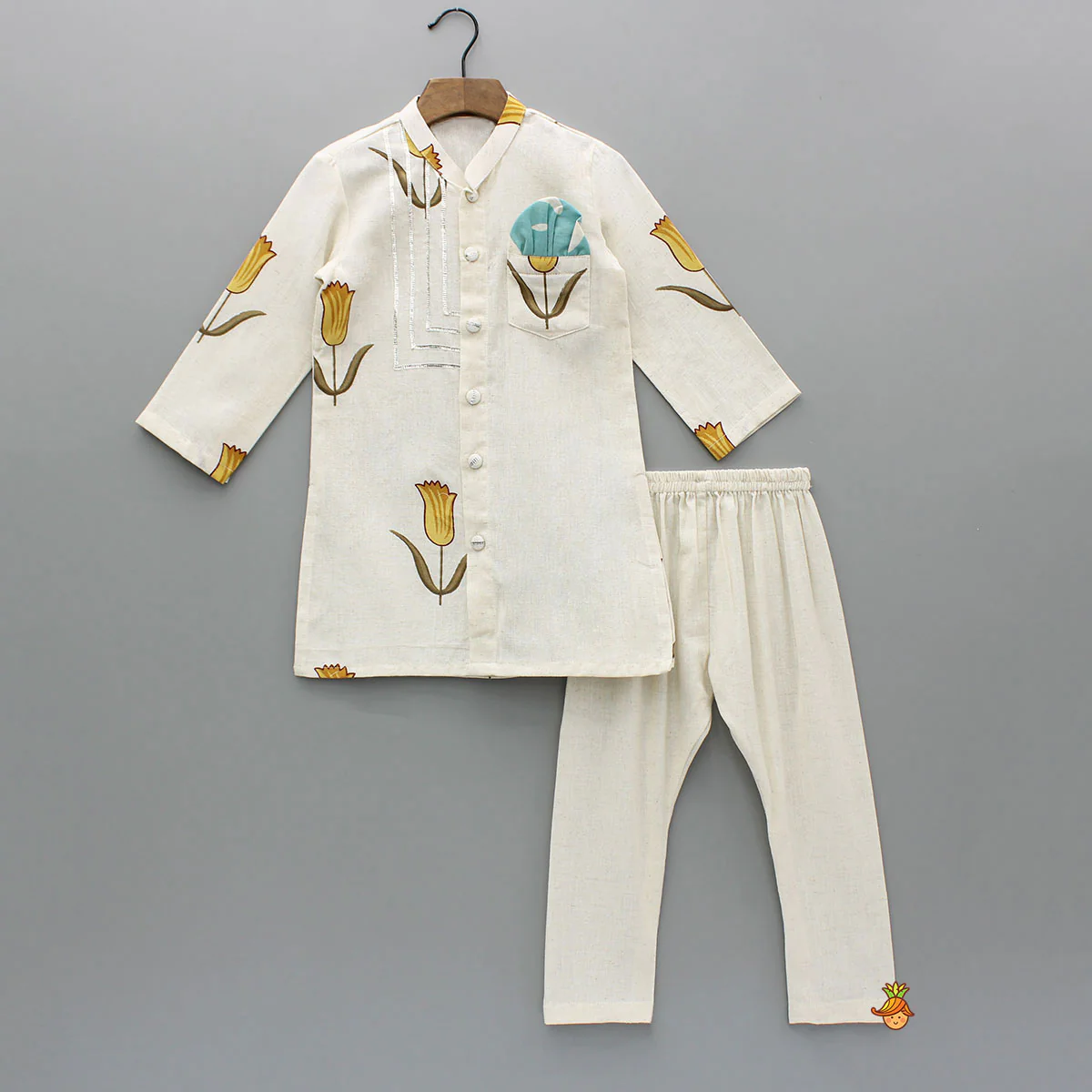 Yellow Tulip Printed Khadi Cotton Kurta And Pyjama