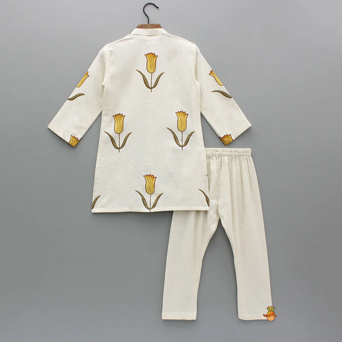 Yellow Tulip Printed Khadi Cotton Kurta And Pyjama - Image 2