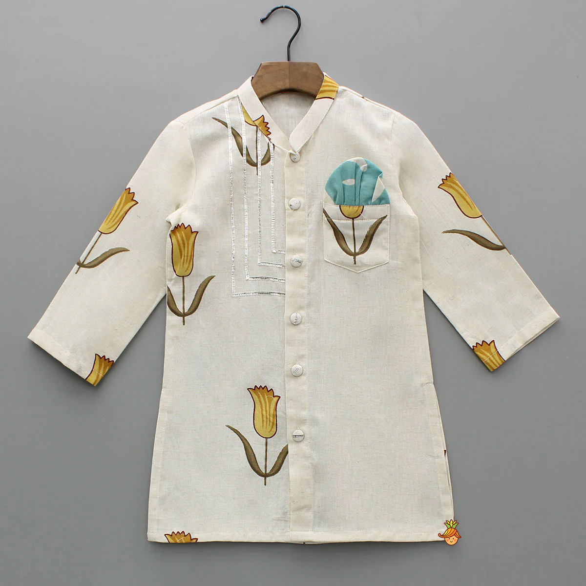 Yellow Tulip Printed Khadi Cotton Kurta And Pyjama - Image 3