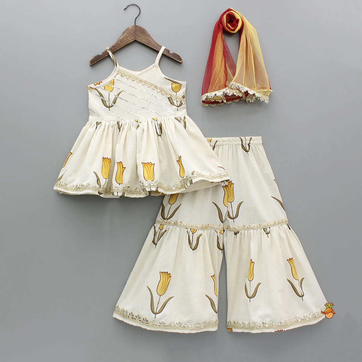 Yellow Tulip Printed Strappy Off White Kurti With Printed Sharara And Dupatta