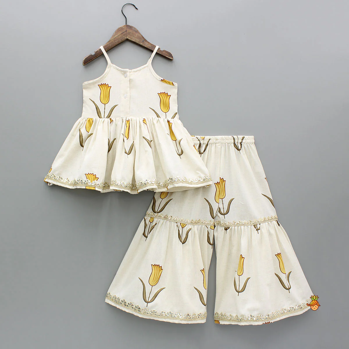 Yellow Tulip Printed Strappy Off White Kurti With Printed Sharara And Dupatta - Image 2