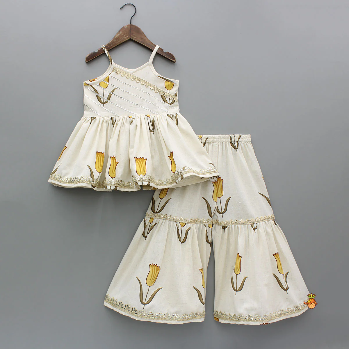 Yellow Tulip Printed Strappy Off White Kurti With Printed Sharara And Dupatta - Image 3
