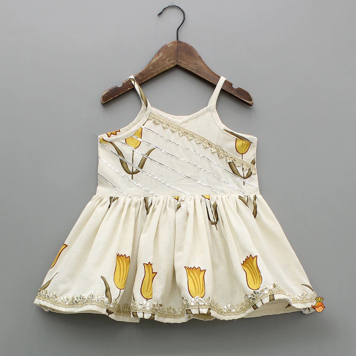 Yellow Tulip Printed Strappy Off White Kurti With Printed Sharara And Dupatta - Image 4