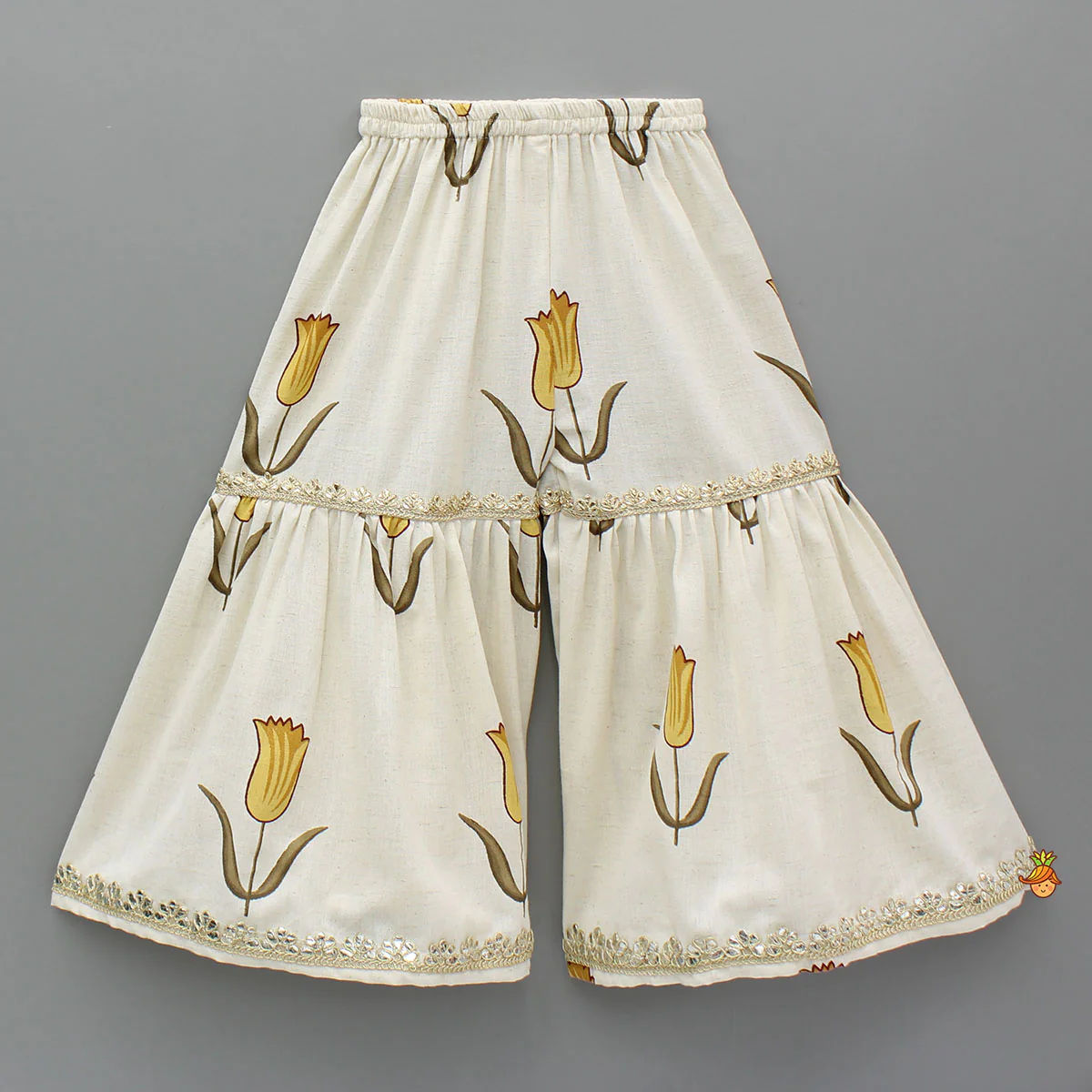 Yellow Tulip Printed Strappy Off White Kurti With Printed Sharara And Dupatta - Image 5