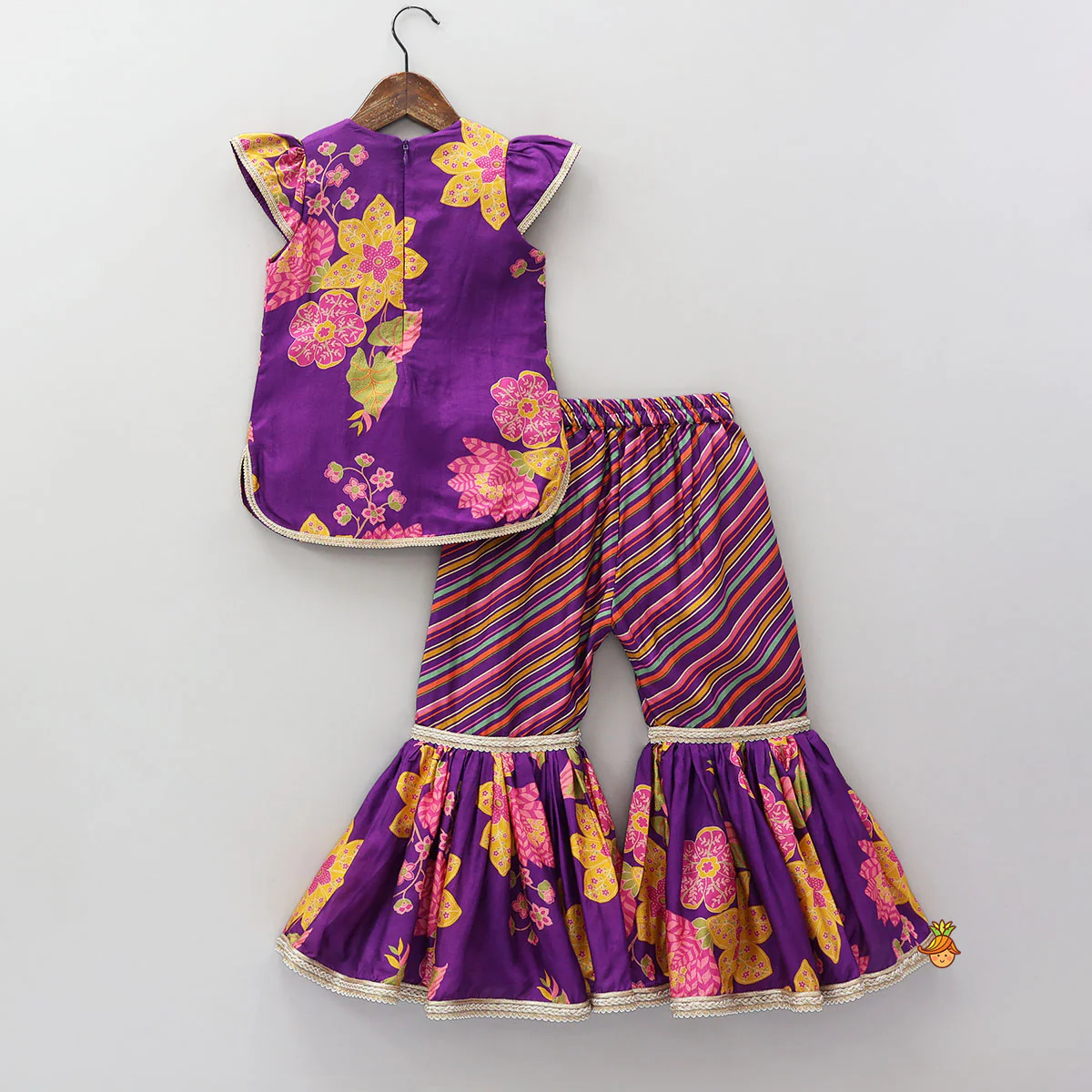 Yoke Embroidered Kurti And Striped Sharara With Net Dupatta - Image 2