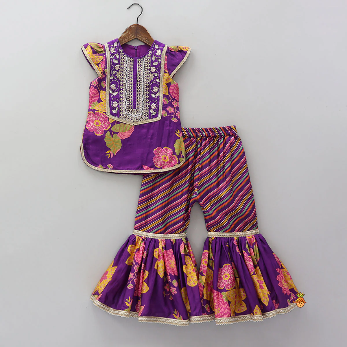 Yoke Embroidered Kurti And Striped Sharara With Net Dupatta - Image 3