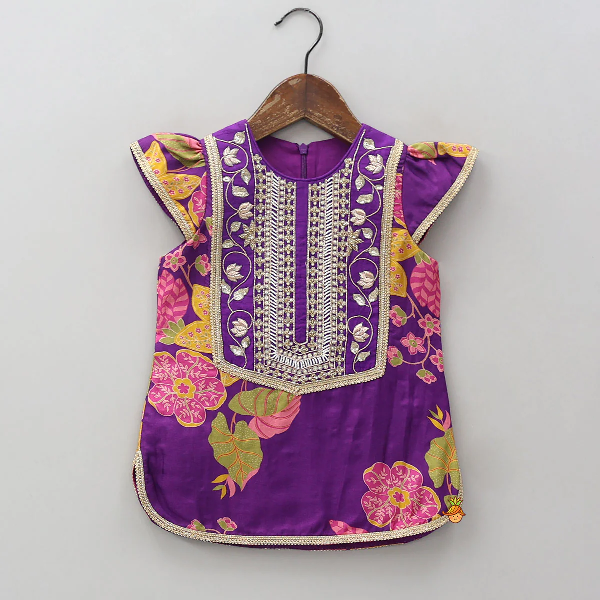Yoke Embroidered Kurti And Striped Sharara With Net Dupatta - Image 4