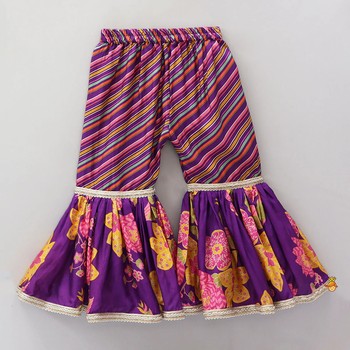 Yoke Embroidered Kurti And Striped Sharara With Net Dupatta - Image 5