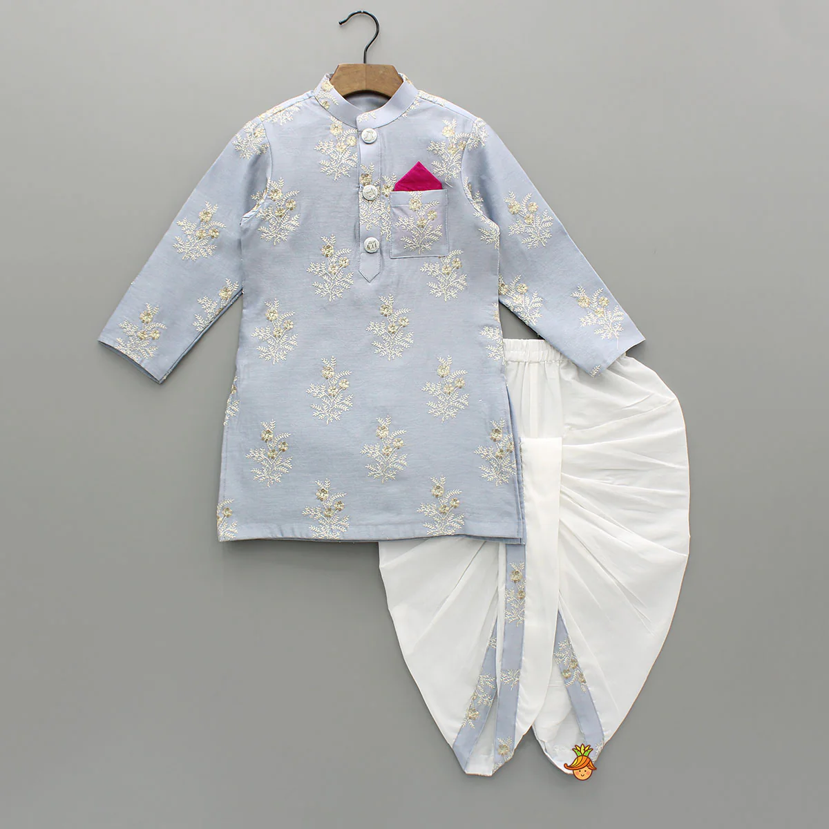 Zari Thread Embroidered Grey Kurta With Dhoti