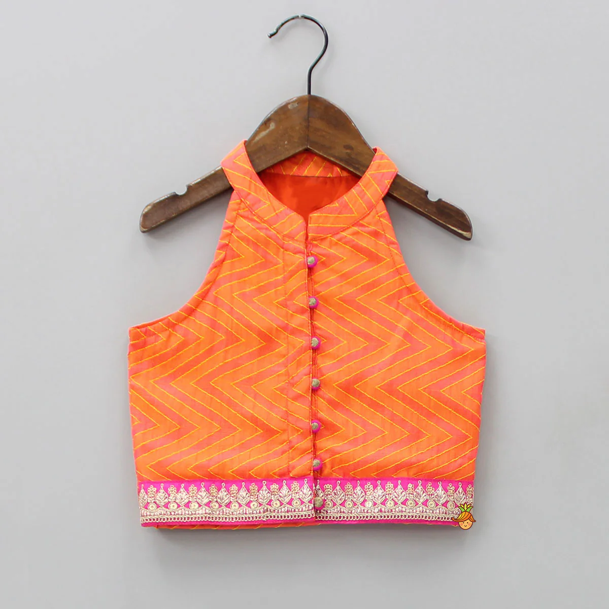 Zig-Zag Printed Halter Neck Top With Printed Pink Dhoti - Image 3